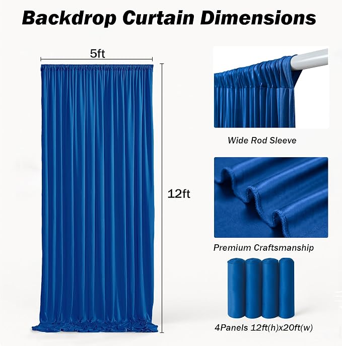 20ft×12ft Royal Blue Backdrop Curtain for Wedding Parties,4 Panels Wrinkle Free Polyester Photo Backdrop Drapes Back Drop Cloth for Birthday Photography Background
