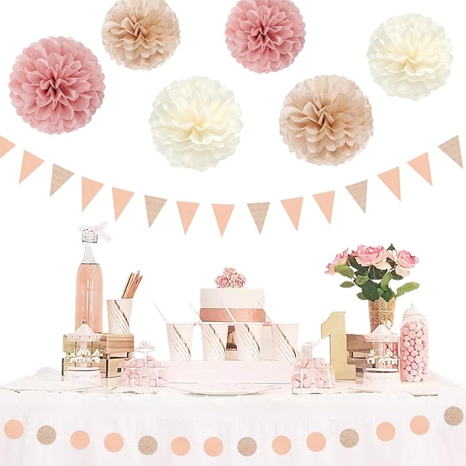 Pink Champagne-Peach Rose-Gold Boho Party Decorations - 23pcs Women Girls Birthday Tissue Pom Poms Streamers,Baby Bridal Shower Tassel Garland Banner,Rustic Wedding Graduation Decor Backdrop Ouruola