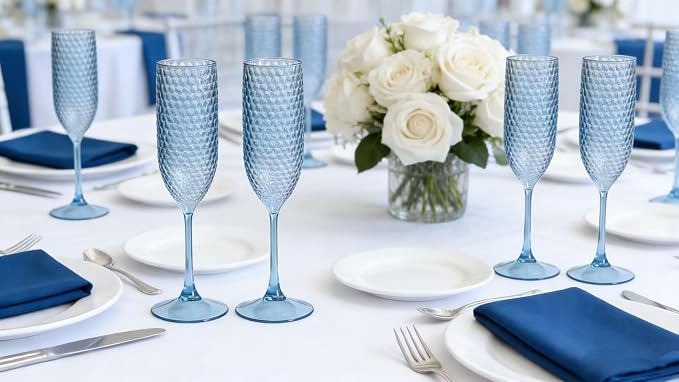 Pesonlook 24 Pack Plastic Champagne Glasses Blue Reusable Diamond Crystal Clear Wine Glasses Diamond Wine Cups Vintage Drinking Glasses for Wedding Reception, Grand Event Party Supplies