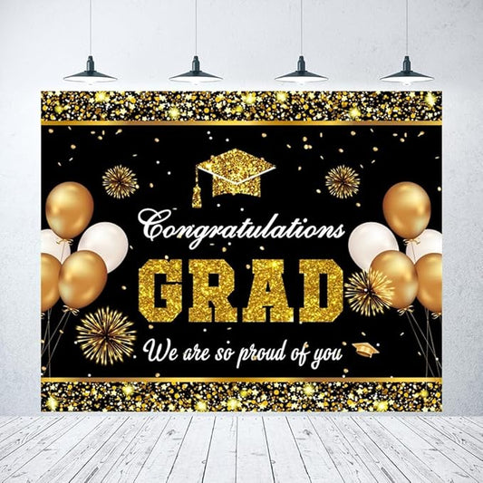 Graduation Backdrop 12x10ft Class of 2026 Black Gold Congrats Grad Party Banner Background Congratulations Bachelor Cap Prom Graduation Party Decorations Supplies Photo Booth Banner