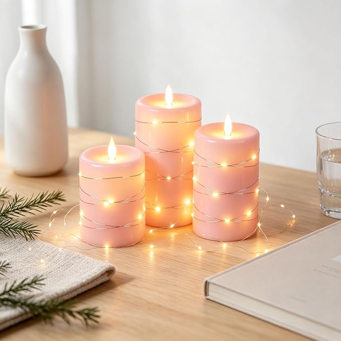 Da by 3 Pack Pink Real Wax Flameless Taper Candles, Lifelike Flickering LED Flame Candles with Surrounding Fairy String Lights, Soft Warm Battery Candles with Remote for Home Wedding Party Decor