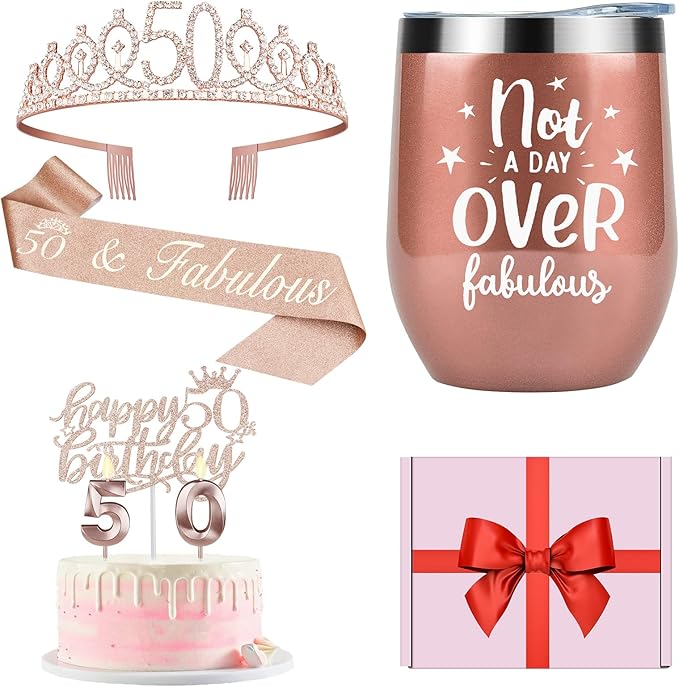 50th Birthday Decorations for Women with 12oz Tumbler/Mug Wine or Coffee, 50th Birthday Sash and Crown, Cake Topper and Candles, 50 Year Old Gifts Idea Rose Gold