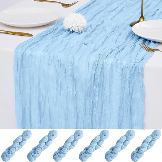 6 Pack Light Blue Cheesecloth Table Runner 21x120 Inches, Boho Gauze Rustic Semi Sheer Cheese Cloth Table Runners for Easter Wedding Bridal Baby Shower, Birthday Party, Long Farmhouse Table Decor