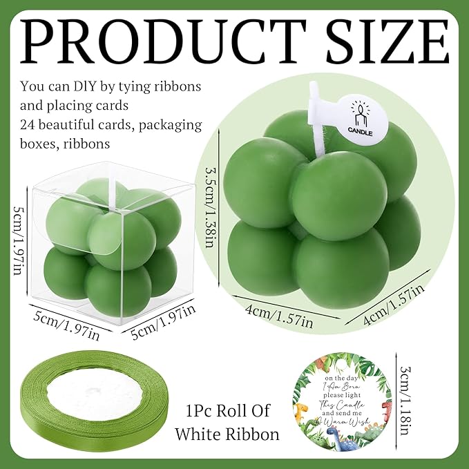 MTLEE 24 Sets Dinosaur Baby Shower Favors Small Bubble Candle Baby Shower Favors for Guests Tea Candles Bulk with Stylish Ribbons Cards Gifts Party Decoration(Army Green,Dinosaur)