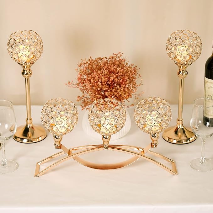 Gold Crystal Tealight Candle Holders Bling Bowl Candelabras 3 Arms Candlesticks Holder with Plastic Candles and Gloves Table Centerpiece Center Pieces Decoration for Wedding Party Anniversary