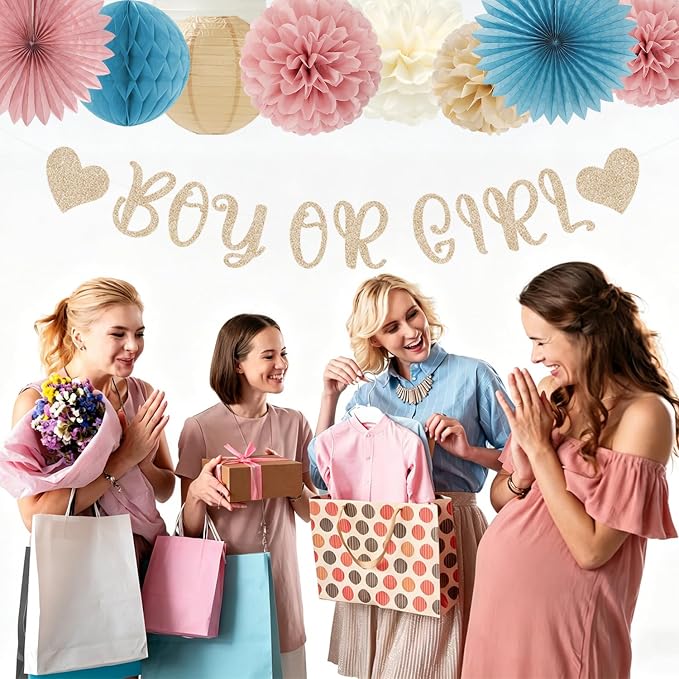 Boy Or Girl Gender-Reveal Party-Decorations - 22pcs Champagne Dusty Blue Blush Pink Backdrop Banner,Neutral Paper Lanterns Streamers,Tissue Pom Poms Flowers Fans Decor Ideas Supplies Hugmoon