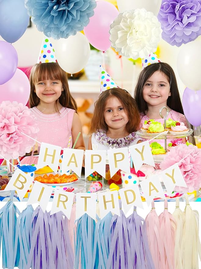 Iridescent Birthday Decorations for girls Women - Pink Purple Blue Party Balloons with Happy Birthday Banner Tassel Dot Garland and Paper Pom poms Decor (Pastel Pink Purple)