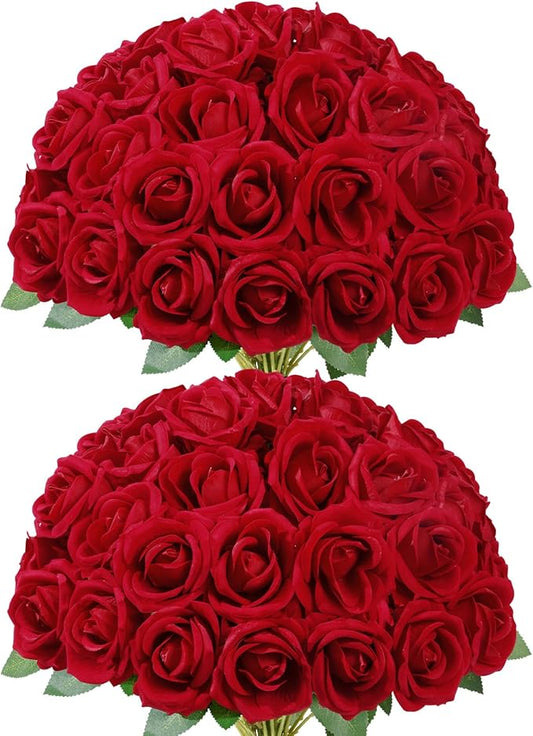 Lifewit 50 Pcs Red Artificial Roses Flowers in Bulk, Fake Long Stem Silk Roses for DIY Wedding Bouquets, Centerpieces Arrangements, Valentine Decorations