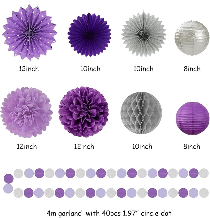 Lavender-Purple Silver Birthday Party Decorations - 19pcs Lilac Women Girls Streamers Banner,Paper Star Garland Lanterns Honeycomb Fan,Tissue Pom Poms,Wall Ceiling Backdrop Supplies Ouruola