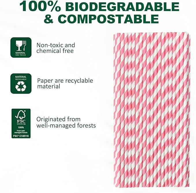 10.25" Long Pink/White Striped Disposable Paper Drinking Straws Bulk - Unwrapped [600 Counts]