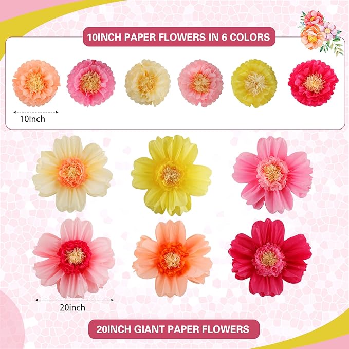 Crowye 24 Pcs Large Colorful Tissue Paper Flowers Decorations Giant Fiesta Craft Crepe Paper Flowers for Wall Decor Backdrop Mexican Wedding Birthday Carnival Party (10'' 20'',Fresh Color)