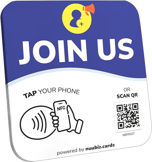NFC Business QR Code Sign Plate for Joining Your Community – Drive Offline Engagement Online – Works Like Review Tap Card & Social Media Sign – No App or Fees – Includes Stand or Adhesive