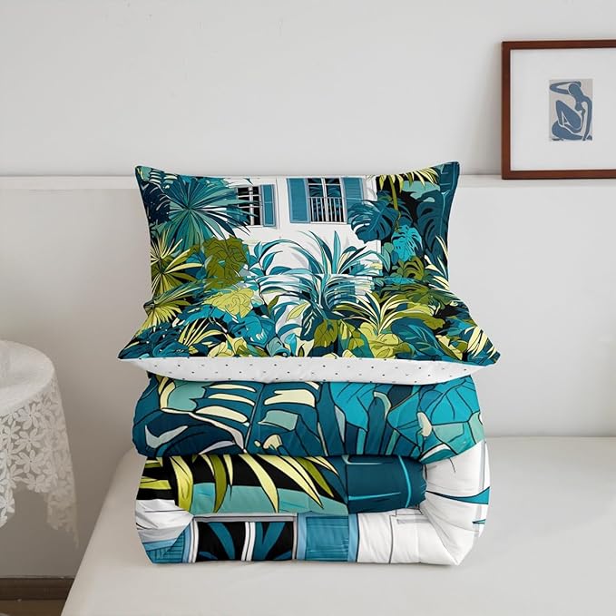 jejeloiu Palm Leaf Comforter Set King Size Kids Tropical Leaves House Bedding Set for Boys Girls Summer Botanical Branches Nature Theme Duvet Quilt Room Decor