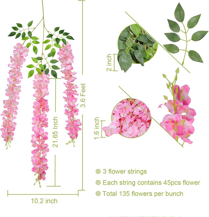 U'Artlines 24 Pack (Total 86.4 Feet) Artificial Fake Wisteria Vine Rattan Hanging Garland Silk Flowers String Home Party Wedding Decor (24, Pink)