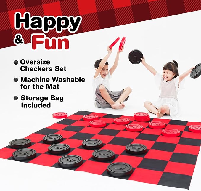Grip Kids Jumbo Checkers Set with Storage Bag - 58 inch mat - Outdoor & Indoor Play Toys, Backyard Board Games, Family Party, Birthday for Toddlers Ages 5 6 7 8 Year Old - Amazon Exclusive