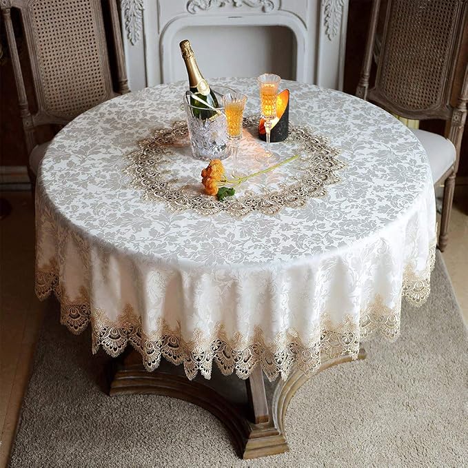 ARTABLE Round Tablecloth Lace Rustic Macrame Embroidered Table Cloths for Harvest Dresser Decor Farmhouse Kitchen Home (Light Brown, 70" Round)