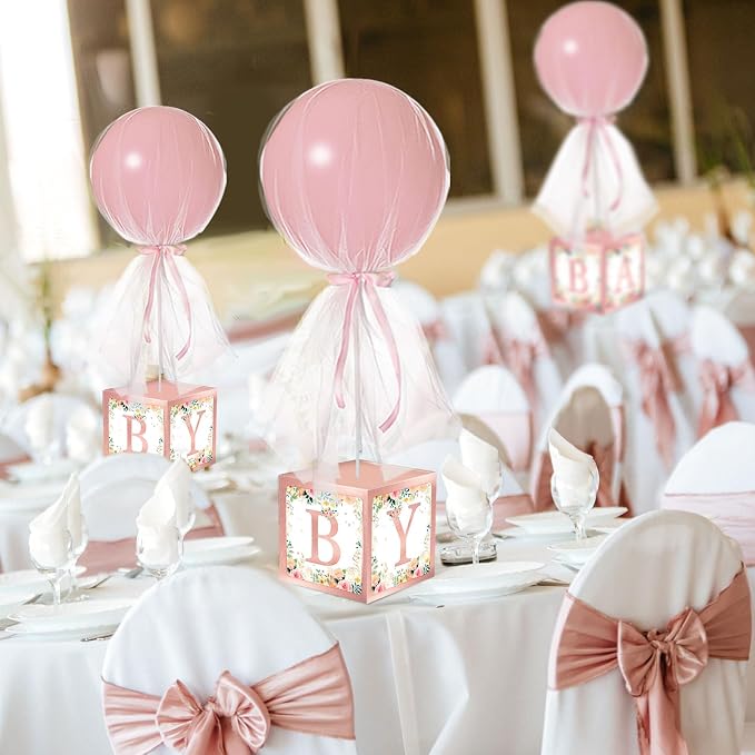 6 Set Pink Girl Tulle Tutu Balloon with Letter Boxes Baby Shower Table Centerpieces Decor for Gender Reveal 24'' Balloons White Tulle Cover with Stand, Boxes for Girl Boy Wedding Birthday Party