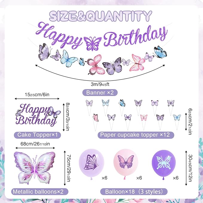 Butterfly Birthday Decorations, Butterfly Decorations Purple Birthday Decorations Tableware, 163 Pcs Butterflies Decorations for Girls, Serves 16