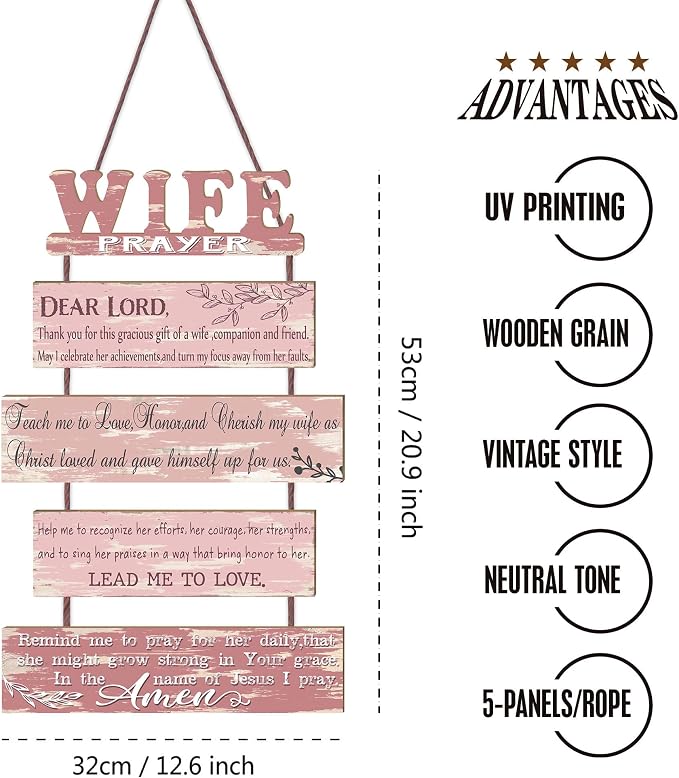 Wife Prayer Rustic Wall Sign with 5pcs Panels in Soft Pink - Christian Religious Farmhouse Hallway Family Decor - Thank You Plaque Gifts for Women Couples