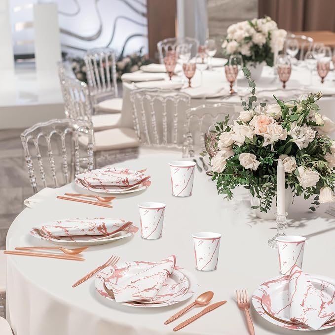 Bokon 350 Pcs Rose Gold Party Supplies Disposable Dinnerware Set Include 100 Plates 50 9 oz Paper Cup 50 Sets Spoon Fork Knives 50 Napkin for 50 Guests Wedding Birthday Valentines Party Decoration