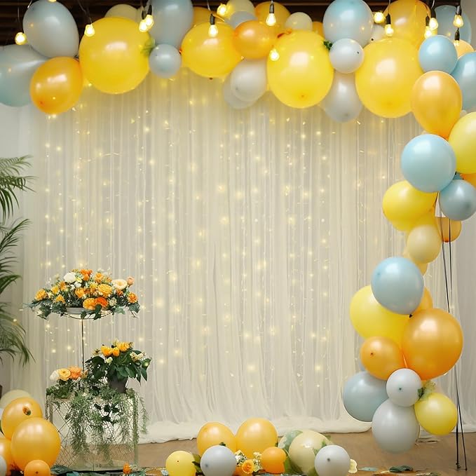 20x8ft Ivory Tulle Backdrop Curtain with Lights String for Parites, Sheer Photo Backdrop Curtains with Lights for Wedding Backdrop Ceremony Reception Bridal Shower Baby Shower Birthday Party