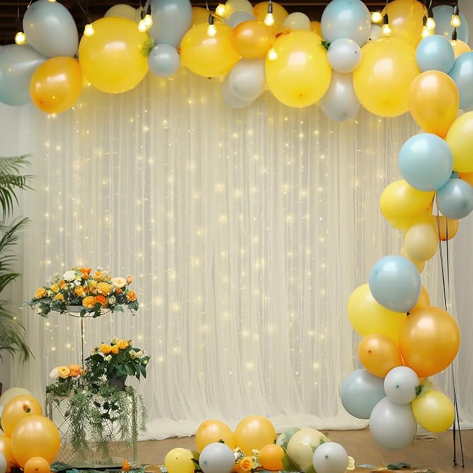 10ft x 10ft Ivory Backdrop Curtain with Lights String for Parties, Sheer Tulle Wedding Photo Backdrops Drapes for Baby Shower Birthday Party Decorations Background for Photography