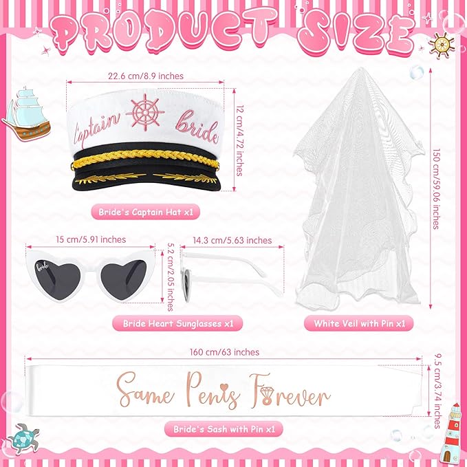 JaGely Bride Captain Hat with Veil, Bachelorette Sash & Sunglasses for Bridal Shower Bachelorette Party Decor Accessories(Funny Style)