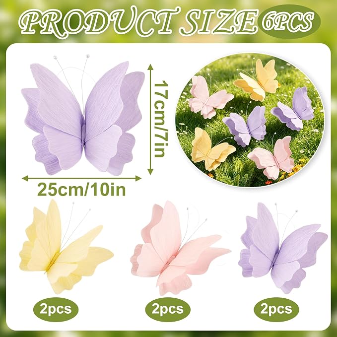 SUNBEAUTY Butterfly Party Decorations Hanging Butterfly Decorations 6Pcs Crepe Paper Garden 3D Butterflies Decor Pastel Paper Butterflies Decoration for Wedding Baby Shower Birthday Party Room Decor