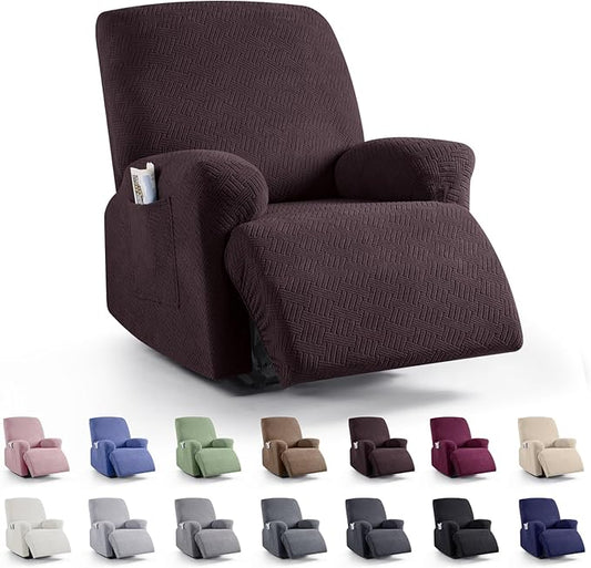 KinCam Recliner Covers, Stretch Reclining Chair Covers, Recliner Sofa Slipcovers Stripe Jacquard Recliner Couch Covers Furniture Protector Covers for Pet Kid (1 Seater, Dark Coffee)