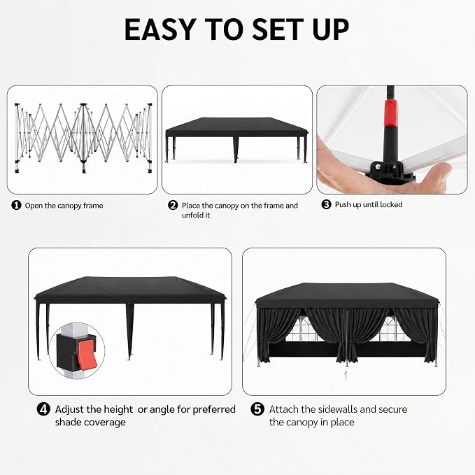 KIGOTY 10x20 FT Portable Pop Up Canopy Tent, Adjustable Height Instant Gazebo with Sidewalls, Sandbags, Waterproof Outdoor Canopy for Camping, Parties, Vendor Events (Black, 3m × 6m with sidewalls)