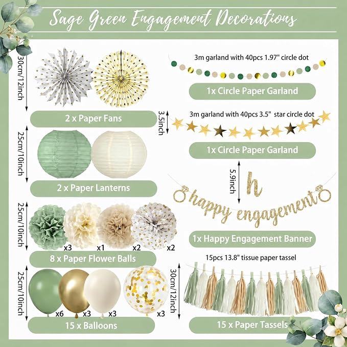 Engagement Party Decorations Boho Sage Green and Gold - 46 Pcs Pre-strung Happy Engagement Banner, Paper Lanterns, Fans, Pom Poms, Tassels, Garland, Balloons, Just Engaged Decorations Kit