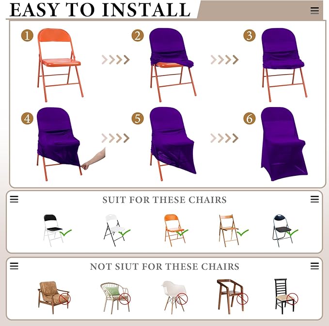 Newwiee 50 Pcs Spandex Chair Covers Bulk - Stretch Folding Flat Front Fitted Universal Chair Protector Pack Removable Washable for Wedding Party Dining Banquet Event (Purple)