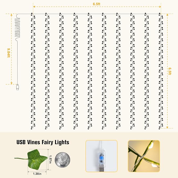 JMEXSUSS Vines Lights for Bedroom, 200 LED Vines Fairy Lights, Artificial Ivy Leaf Light for Wall Curtain Wedding Party Christmas Indoor Decor, 6.5ft x 6.5ft with Remote (Pack of 2)