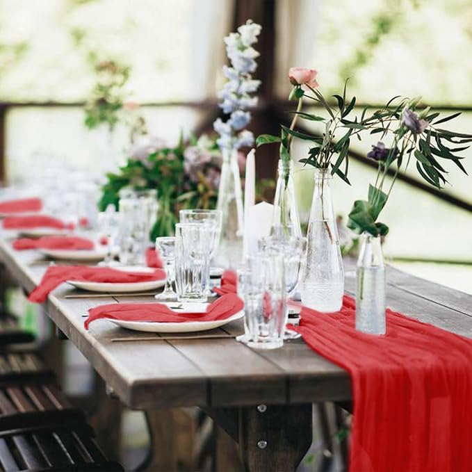 20 Pack Cheesecloth Table Runner 17 x 108 inch Long Boho Gauze Table Runners Semi Sheer Table Runner for Wedding Decor, Baby Shower, Birthday Party, Banquet (Red)