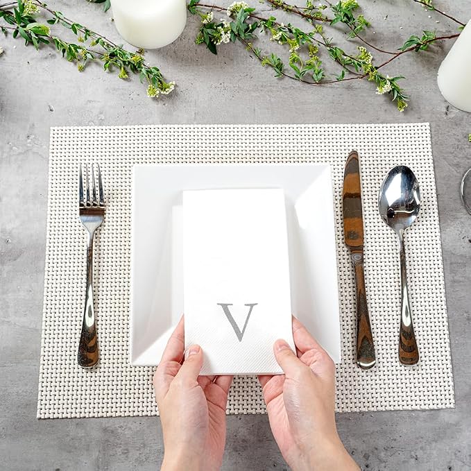 Luxenap 15.8 X 7.9 Inch Linen-Feel Guest Towels, 50 Lettered Hand Towels - Silver Letter 'V', Sans Serif Font, White Paper Dinner Napkins, airlaid, For Restrooms And Tables - Restaurantware