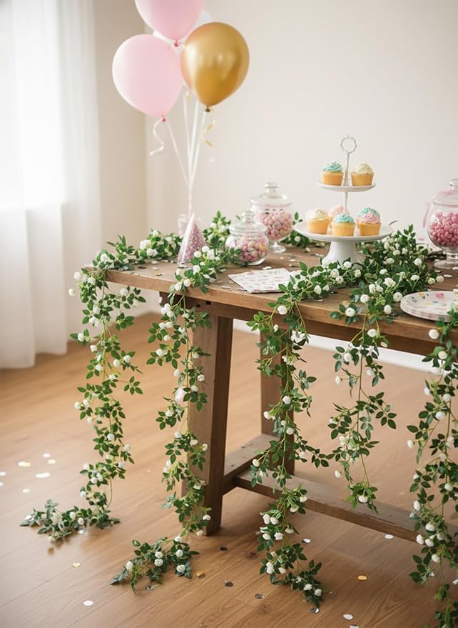 2PCS x 6FT Bendable Rose Vine Hanging Flower Garland Wildflower Floral Garland for Wall Decor Trellis Fence Home Room Decoration (White, 2pcs)