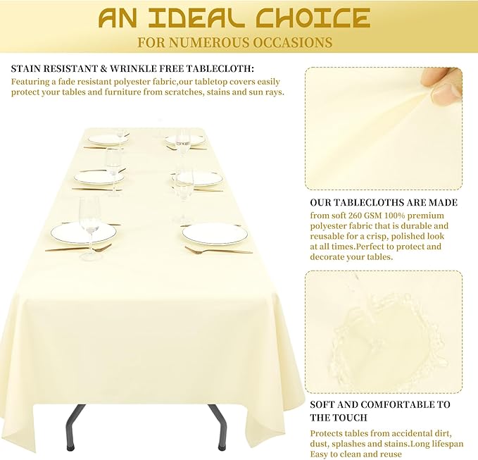 Showgeous 4 Pack Beige Tablecloth 60 x 102 Inch, Rectangle Table Cloth for 6 Foot Table, Wrinkle Resistant Washable Polyester Table Cover for Wedding Dining Table Buffet Parties and Camping