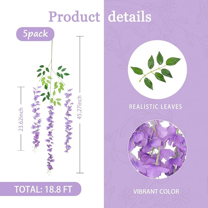 5 Pack Light Purple Wisteria Hanging Flowers Garland, 3.77 Feet Artificial Flower Vines, Fake Wisteria, Artificial Vines Hanging Garland for Backdrop Outdoor Yard Garden Decor
