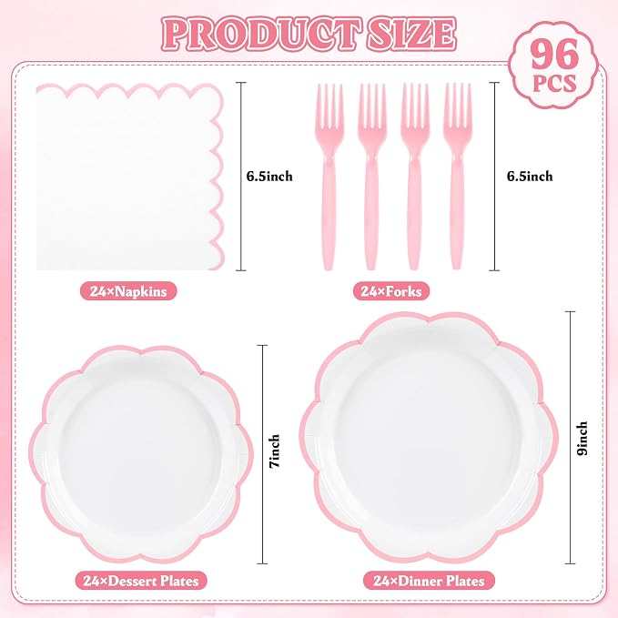 96 Pcs Pink and White Paper Plates and Napkins Set, Tableware set for 24 Guest include White Dessert Plates with Pink Scalloped Edge, Napkins and Forks for Baby Girl Shower, Bridal Shower, Wedding