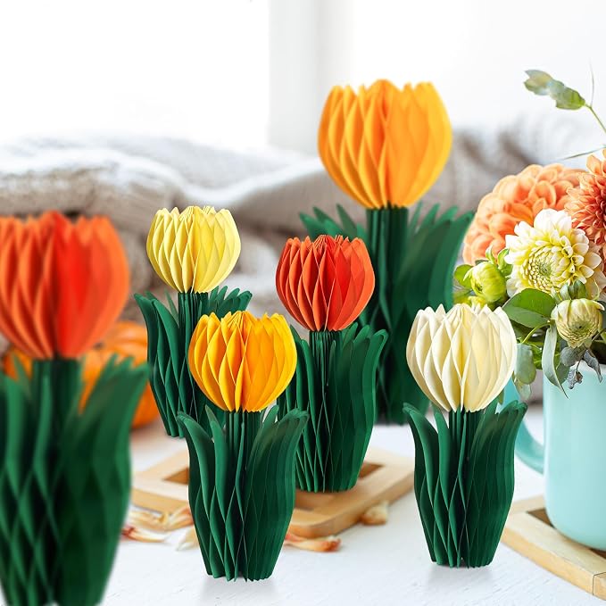 SUNBEAUTY 8PCS Flower Honeycomb Decoration Spring Decorations for Office Spring Table Decor Tulip Honeycomb Flower Mother's Day Decoration Orange Tulip Decor Spring Decor Tulips Table Centerpieces