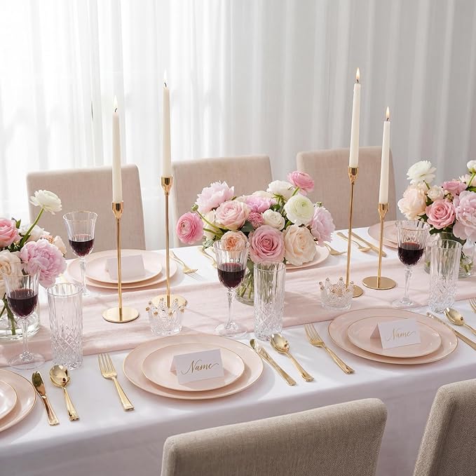 KIRE 350 PCS Pink Plastic Plates - Pink and Gold Disposable Dinnerware 50 Guest Include 50 Dinner Plate - 50Dessert Plate - 50Pre Rolled Napkins with Silverware for Mother's Day/Wedding/Baby Shower