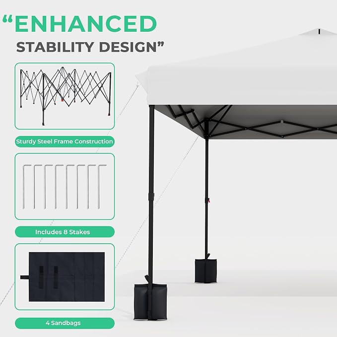 JEAREY 10x10 ft Pop Up Canopy Tent, Heavy Duty Outdoor Canopy with 1-Push Instant Setup, Commercial Tent with Roller Bag, 4 Sandbags and 8 Stakes, Water-Resistant, White