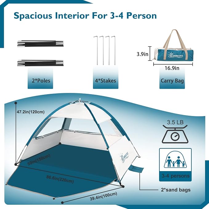 COMMOUDS Beach Tent Sun Shelter for 3/4/6/8 Person, UPF 50+ UV Protection Beach Shade Canopy Tent, Lightweight, Easy Set Up and Carry