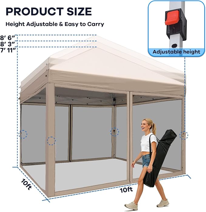 10x10 Pop Up Canopy Tent with Mosquito Netting, Ez Up Portable Waterproof Instant Outdoor Screen Shelter, Pop Up Tent for Patio, Backyard, Parties, Camping and Events, Beige