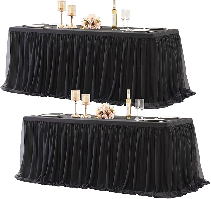 HB HBB MAGIC Black Table Cloth Spandex Table Covers 8ft Fitted Tulle Tablecloth Rectangular Desk Skirt Stretch Table Cloths Covers Party Banquet Birthday Baby Shower Wedding Table Cloth, 2 Pack