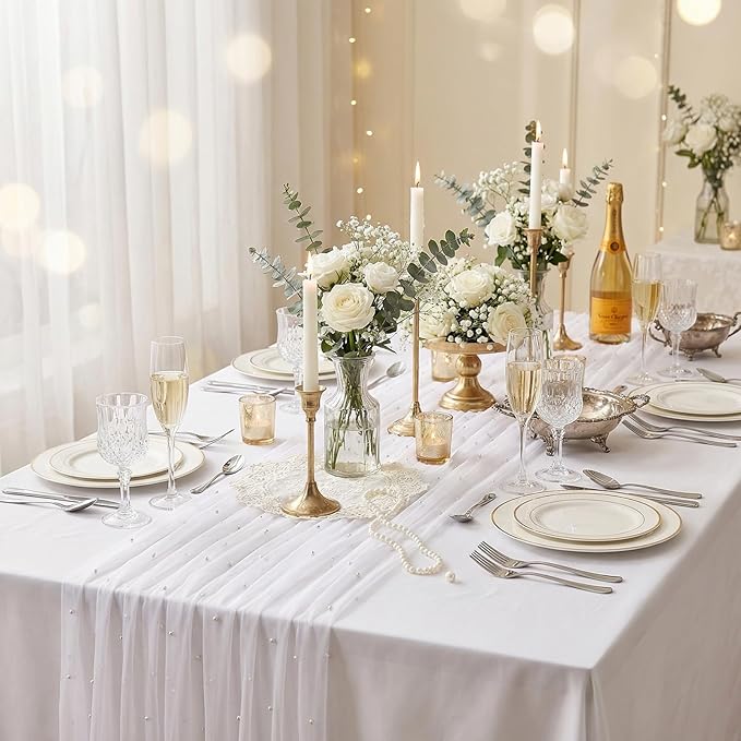 Pearl Gauze Table Runner Sheer Tulle Fabric Set of 6 White Lace Table Runners 29x120 Inch Boho Rustic Desk Centerpieces for Bridal Shower Birthday Party Wedding Arch Aisle Veil Dessert Table Decor