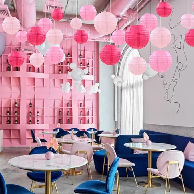 CC wonderland zone 12pcs Pink Hanging Paper Lanterns,Round Paper Lanterns for Baby Shower Wedding Valentine's Day Engagement Birthday Party Decorations
