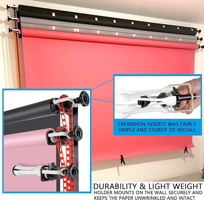 Photography Backdrop Wall Mount 3 Roller Support System, Manual Photo Background Ceiling Holder, Including 2 Tri-fold Hooks, 6 Expand Bars, 3 Chains, for Home Studio Live Stream Game Video