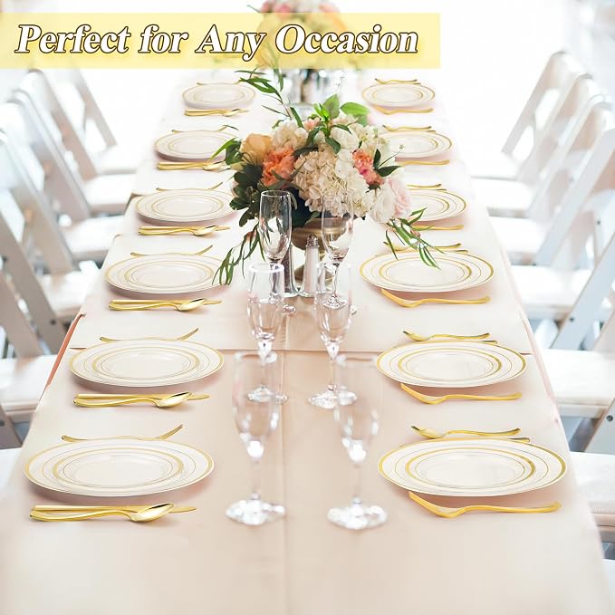 BESTSTAR 100PCS Clear Gold Plastic Plates Set, 50 10.25 inch Dinner Plates and 50 7.5 inch Dessert Plates, Disposable Plates for Party, Wedding