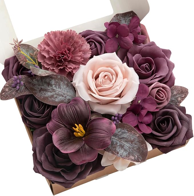 Ling's moment Fake Flowers Box, Faux Artificial Greenery Stems Foam Roses Tulip Silk Hydrangea Eucalyptus Fabic Flower for Centerpieces Bouquet Wedding Vase Decorations, Plum & Plum Lily, Mini Combo